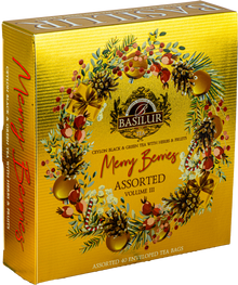 Zestaw herbat Basilur Merry Berries vol. III, eleganckie złote pudełko z motywem świątecznym.