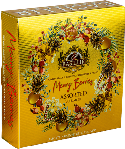 Zestaw herbat Basilur Merry Berries vol. III, eleganckie złote pudełko z motywem świątecznym.