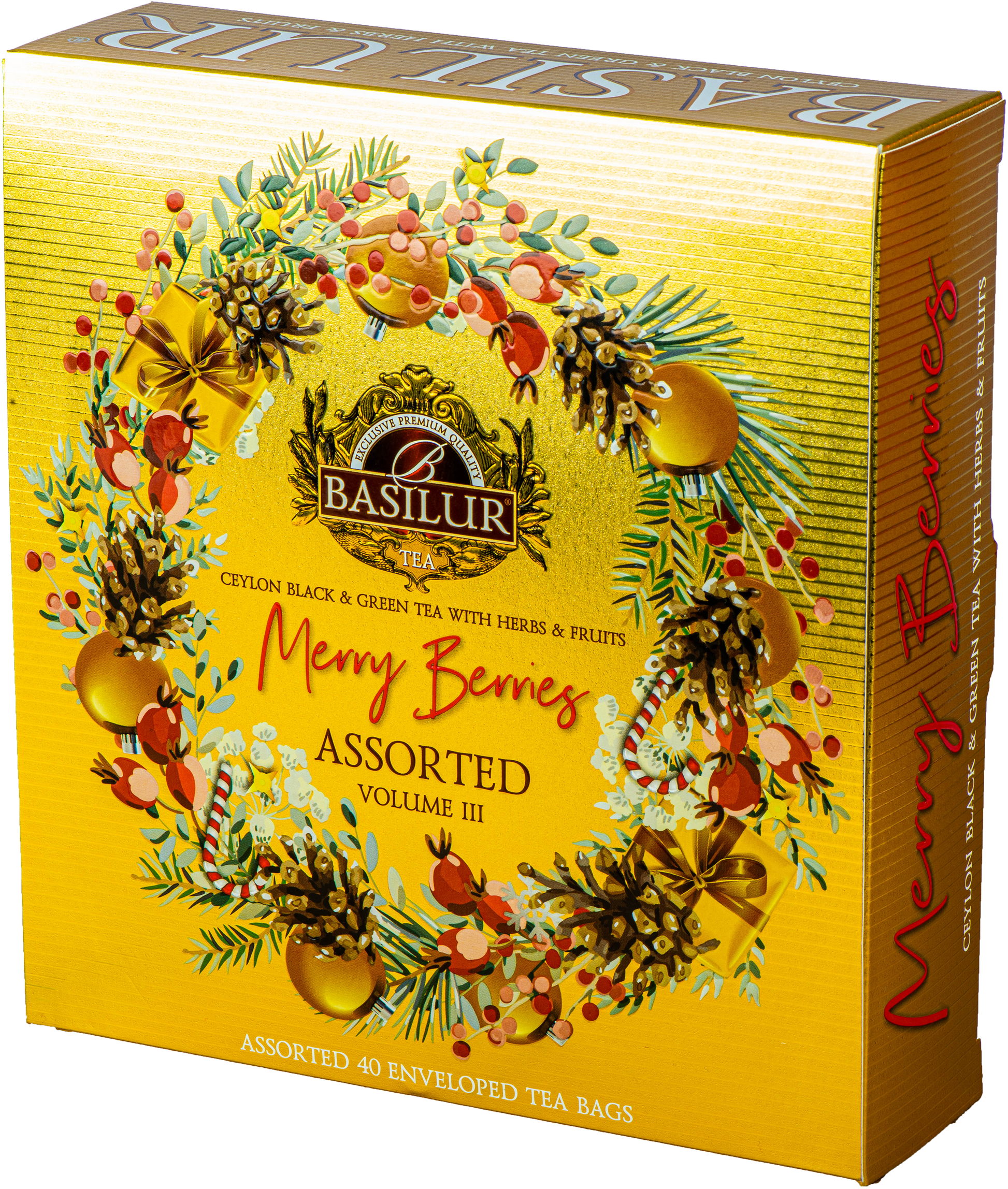 Herbata Basilur Merry Berries vol. III w złotym opakowaniu, czarna i zielona herbata z owocami.