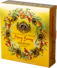 Herbata Basilur Merry Berries vol. III w złotym opakowaniu, czarna i zielona herbata z owocami.