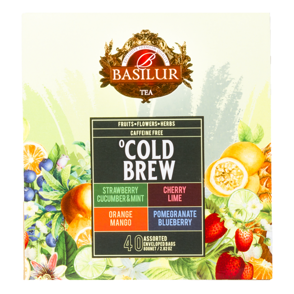 Bok opakowania Basilur Cold Brew – naturalna herbata owocowa do przygotowania na zimno.