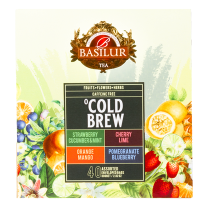 Bok opakowania Basilur Cold Brew – naturalna herbata owocowa do przygotowania na zimno.