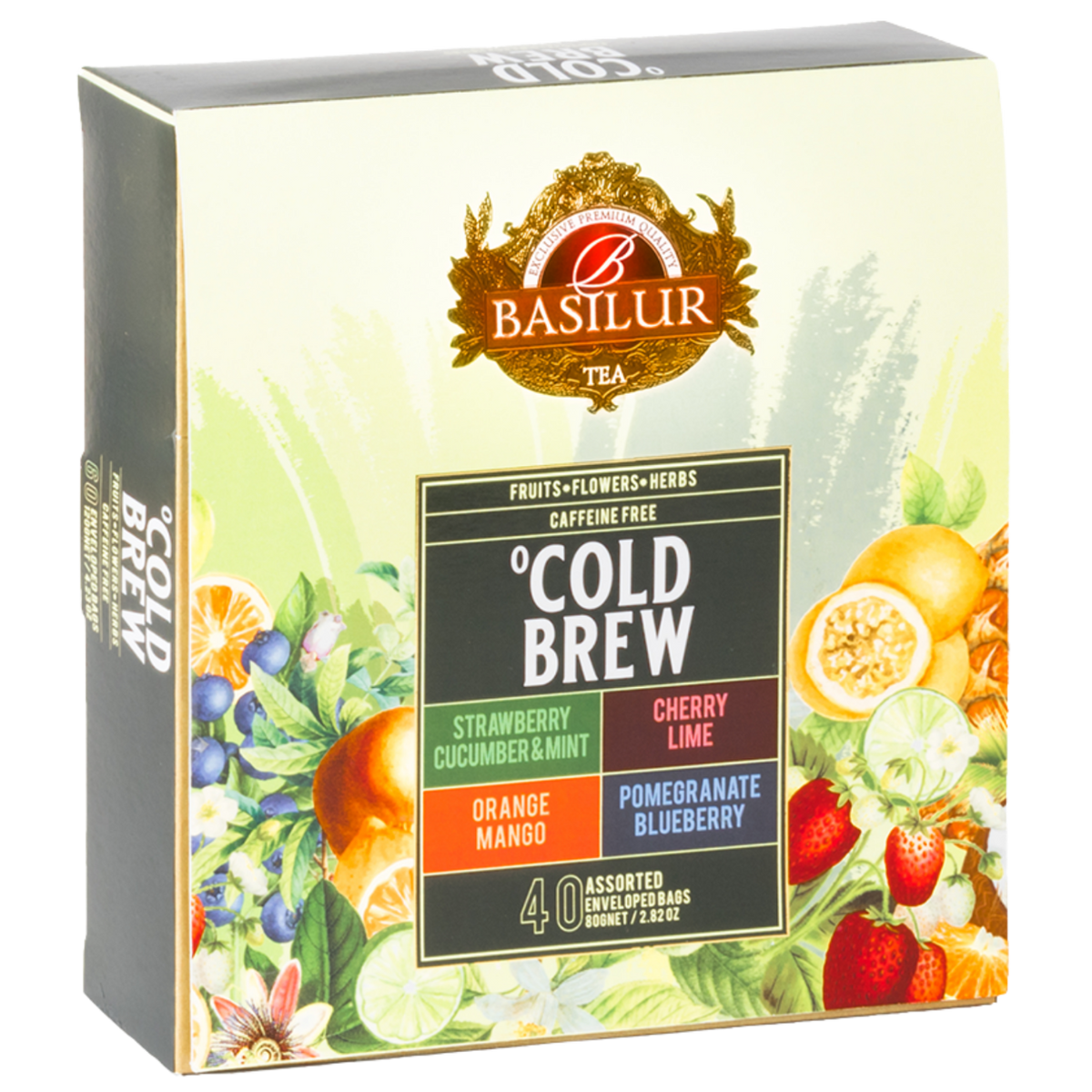 Front opakowania Basilur Cold Brew z czterema smakami herbat owocowych bez kofeiny.