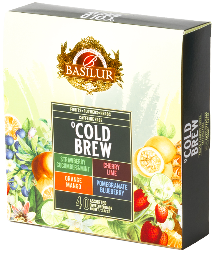 Opakowanie herbat Basilur Cold Brew – zestaw 40 saszetek smakowych do parzenia na zimno.