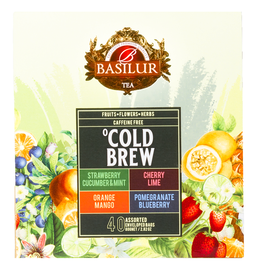 Bok opakowania Basilur Cold Brew – naturalna herbata owocowa do przygotowania na zimno.