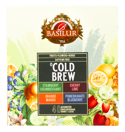 Bok opakowania Basilur Cold Brew – naturalna herbata owocowa do przygotowania na zimno.