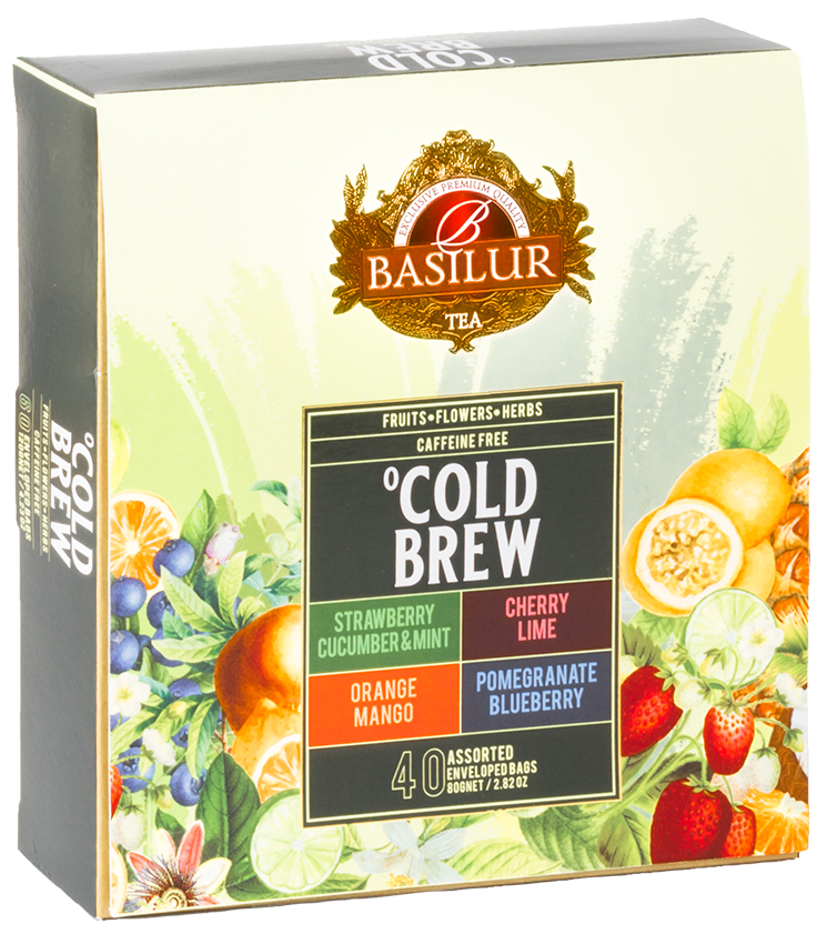 Front opakowania Basilur Cold Brew z czterema smakami herbat owocowych bez kofeiny.