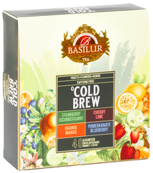 Front opakowania Basilur Cold Brew z czterema smakami herbat owocowych bez kofeiny.