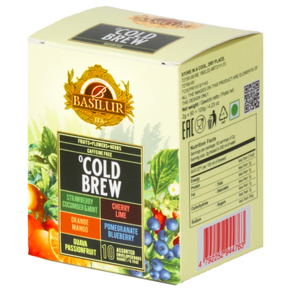 Bok opakowania Basilur Cold Brew z informacjami o składzie i wartościach odżywczych.