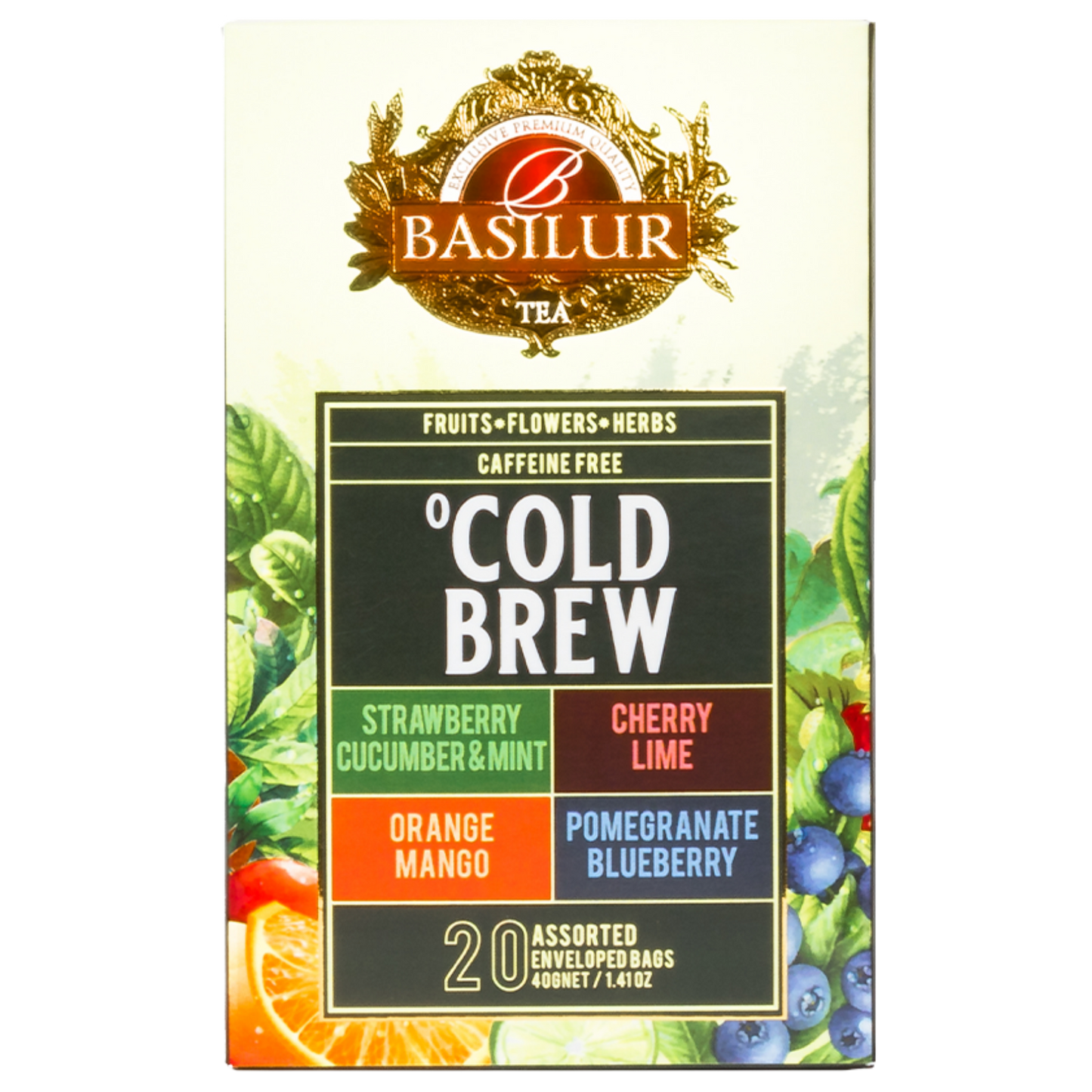 Przód pudełka Basilur Cold Brew z listą owocowych smaków i logo Basilur.
