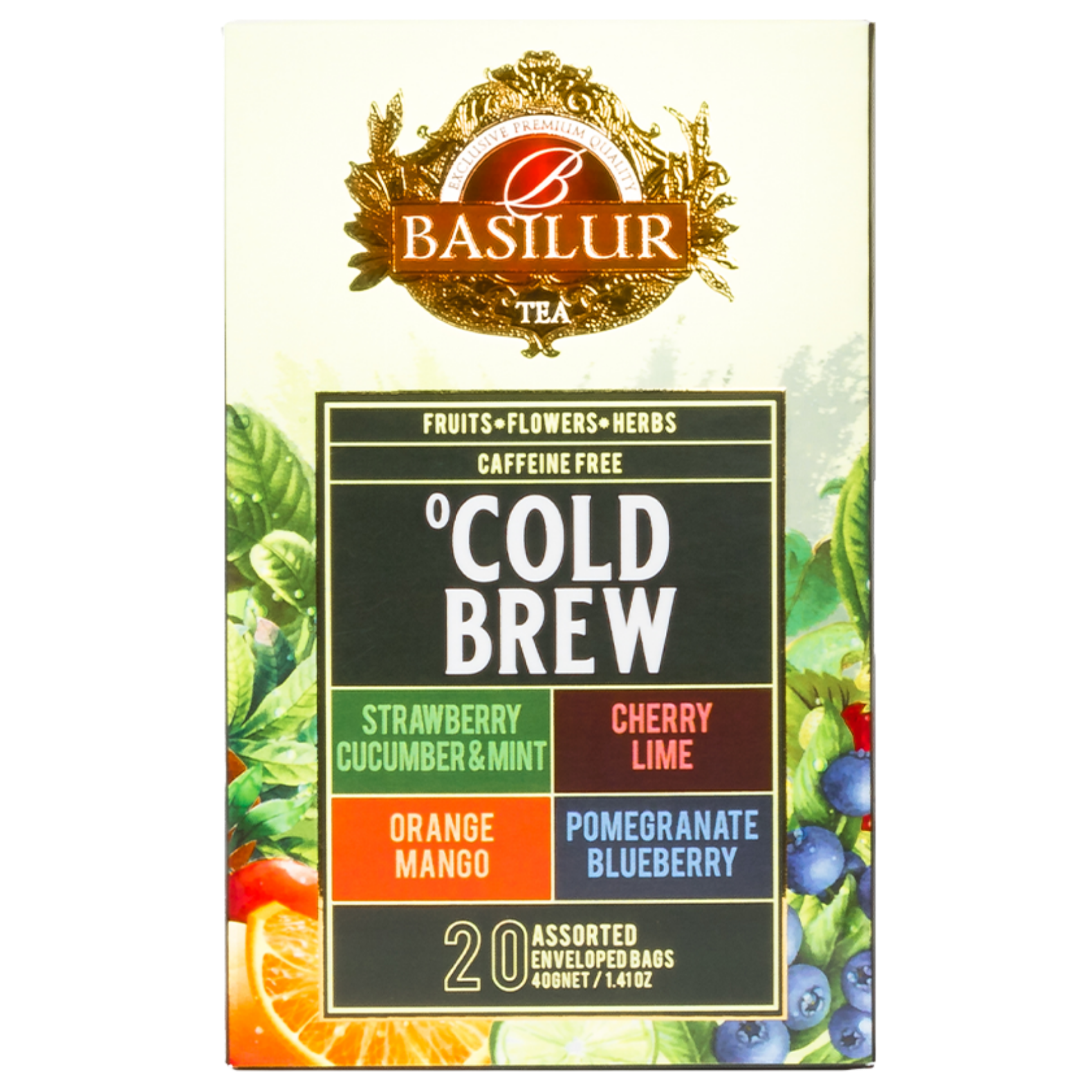 Przód pudełka Basilur Cold Brew z listą owocowych smaków i logo Basilur.