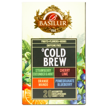 Przód pudełka Basilur Cold Brew z listą owocowych smaków i logo Basilur.