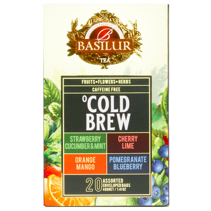 Przód pudełka Basilur Cold Brew z listą owocowych smaków i logo Basilur.