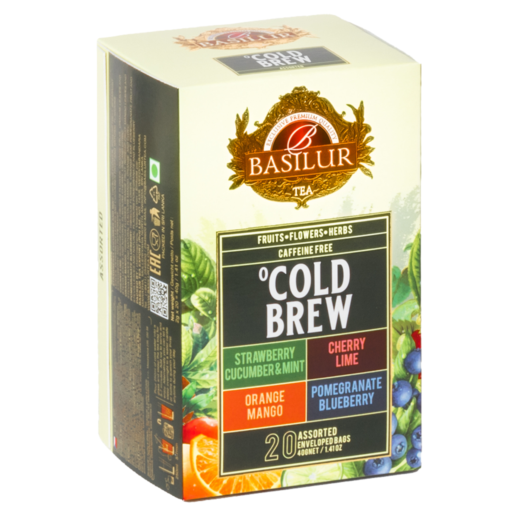 Bok opakowania Basilur Cold Brew z informacjami o herbacie owocowej bez kofeiny.