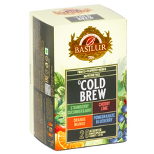 Bok opakowania Basilur Cold Brew z informacjami o herbacie owocowej bez kofeiny.