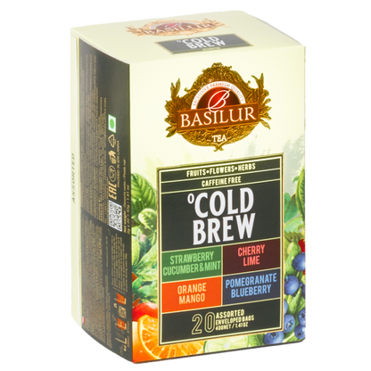 Bok opakowania Basilur Cold Brew z informacjami o herbacie owocowej bez kofeiny.
