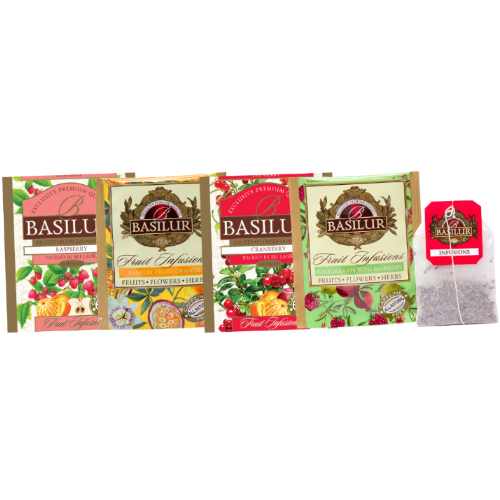 Koperty herbat Basilur Fruit Infusions w smakach malin, żurawiny, granatu i marakui z pomarańczą.
