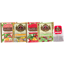 Koperty herbat Basilur Fruit Infusions w smakach malin, żurawiny, granatu i marakui z pomarańczą.