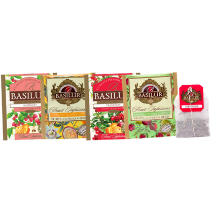 Koperty herbat Basilur Fruit Infusions w smakach malin, żurawiny, granatu i marakui z pomarańczą.