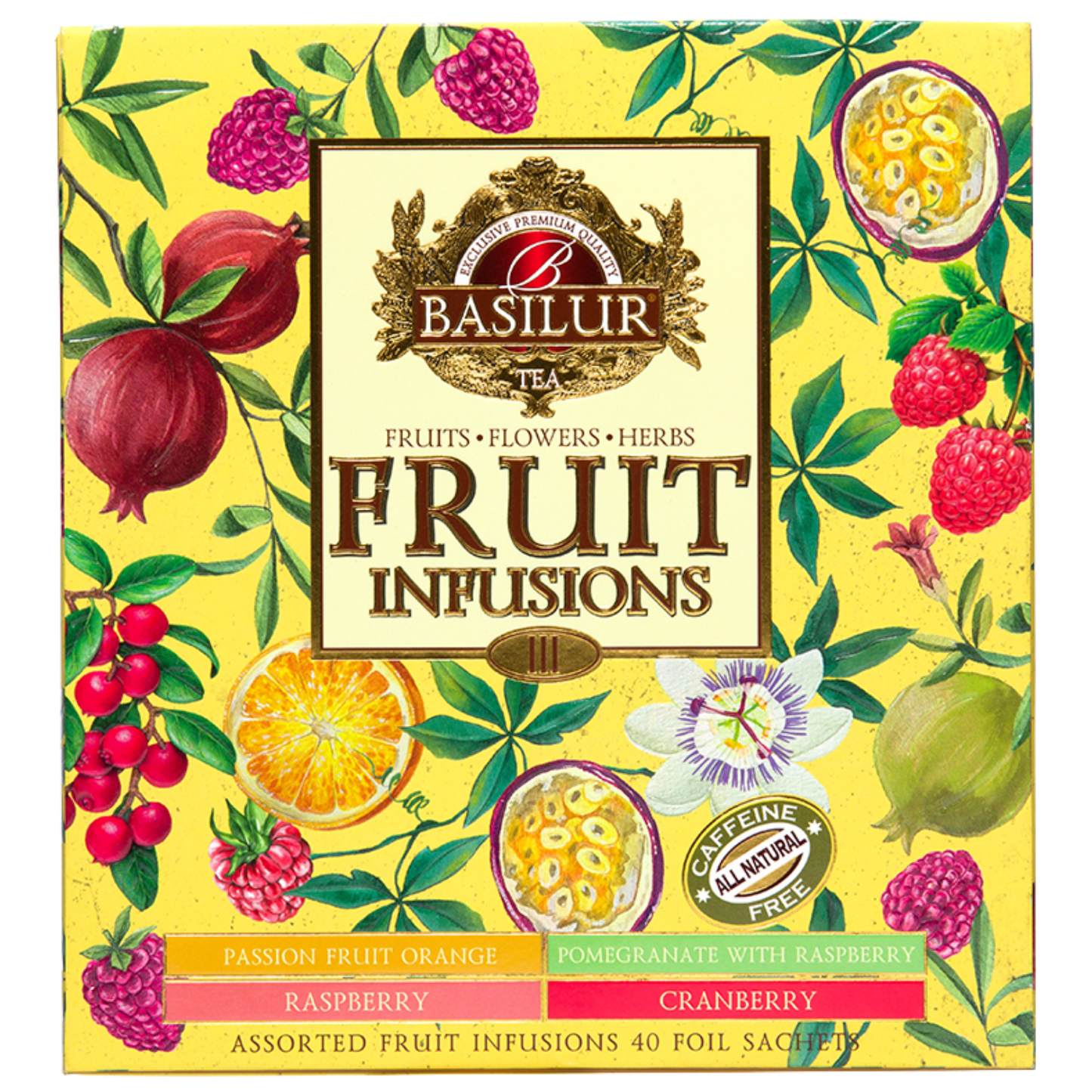 Przód pudełka Basilur Fruit Infusions vol. III z listą smaków.