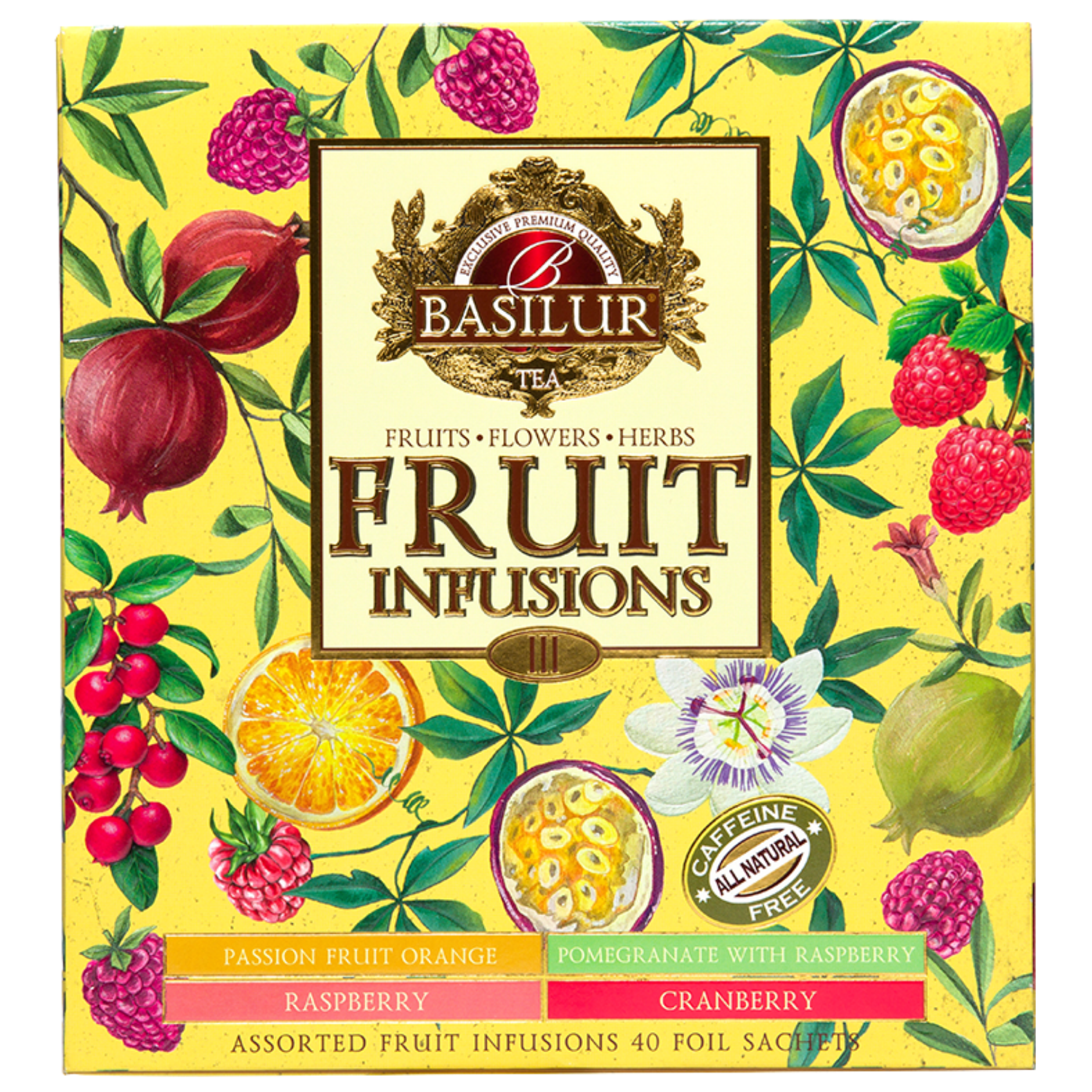 Przód pudełka Basilur Fruit Infusions vol. III z listą smaków.