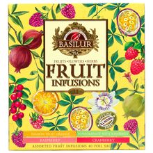Przód pudełka Basilur Fruit Infusions vol. III z listą smaków.