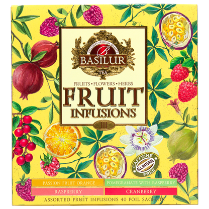 Przód pudełka Basilur Fruit Infusions vol. III z listą smaków.