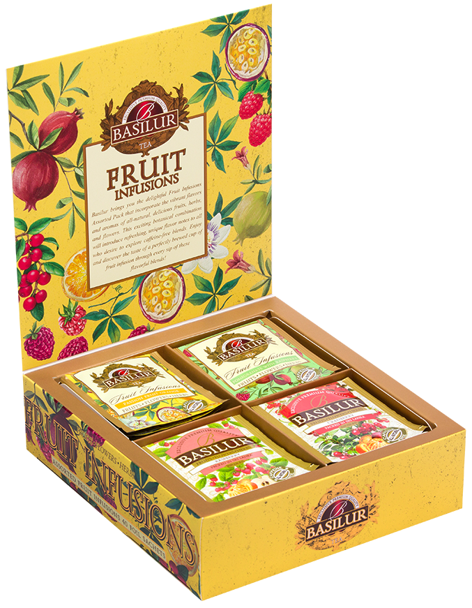 Otwarty zestaw herbat Basilur Fruit Infusions vol. III z kolorowymi kopertami naparów owocowych.