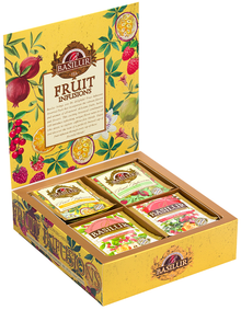 Otwarty zestaw herbat Basilur Fruit Infusions vol. III z kolorowymi kopertami naparów owocowych.