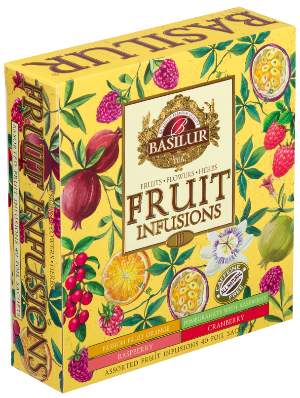 Opakowanie Basilur Fruit Infusions ozdobione ilustracjami owoców i kwiatów.