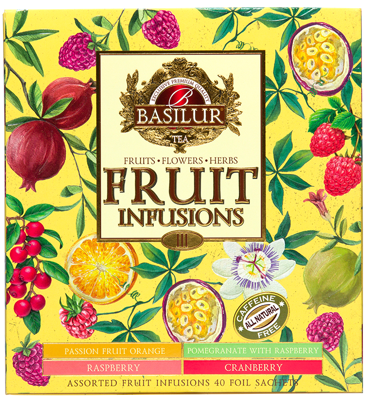 Przód pudełka Basilur Fruit Infusions vol. III z listą smaków.