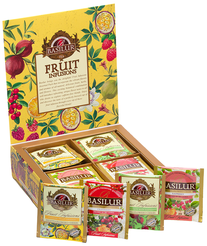 Zestaw Basilur Fruit Infusions vol. III z czterema rodzajami herbat owocowych.