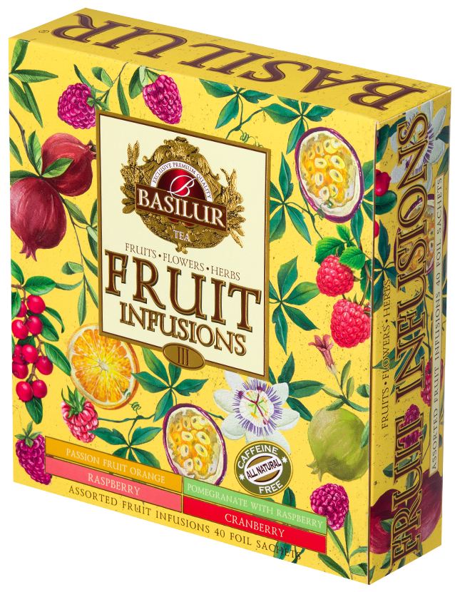 Kolorowe pudełko Basilur Fruit Infusions vol. III widoczne z boku z logo marki Basilur.