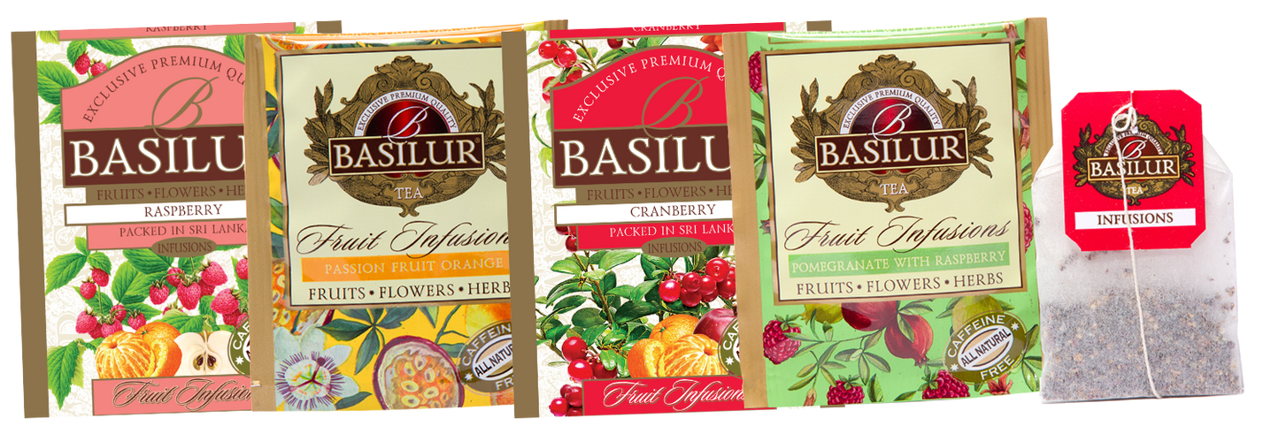 Koperty herbat Basilur Fruit Infusions w smakach malin, żurawiny, granatu i marakui z pomarańczą.