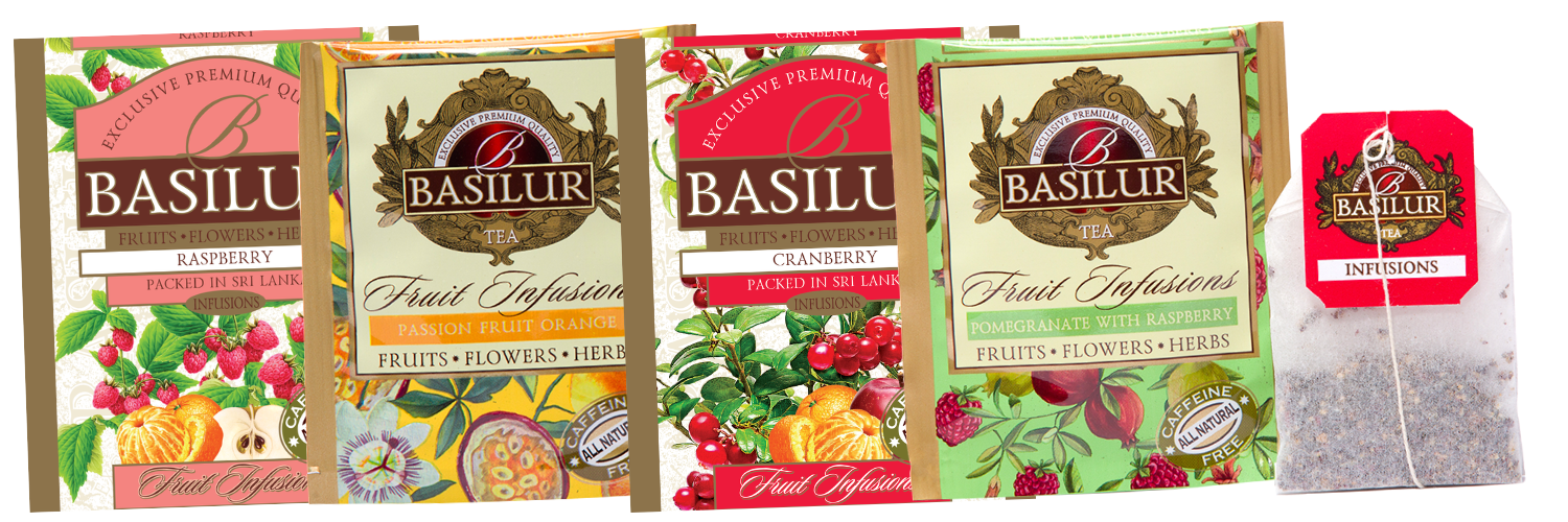 Koperty herbat Basilur Fruit Infusions w smakach malin, żurawiny, granatu i marakui z pomarańczą.