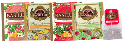 Koperty herbat Basilur Fruit Infusions w smakach malin, żurawiny, granatu i marakui z pomarańczą.