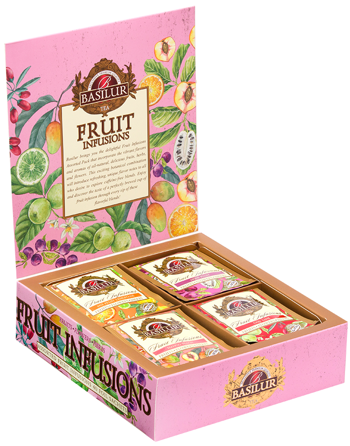 Otwarty zestaw herbat Basilur Fruit Infusions vol. II z kolorowymi kopertami owocowych naparów.