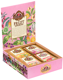 Otwarty zestaw herbat Basilur Fruit Infusions vol. II z kolorowymi kopertami owocowych naparów.