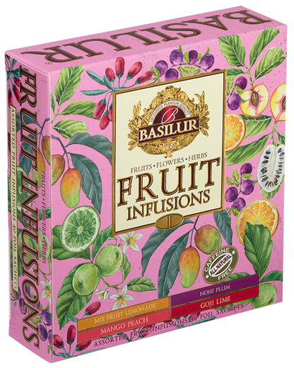 Opakowanie Basilur Fruit Infusions ozdobione ilustracjami owoców i kwiatów.