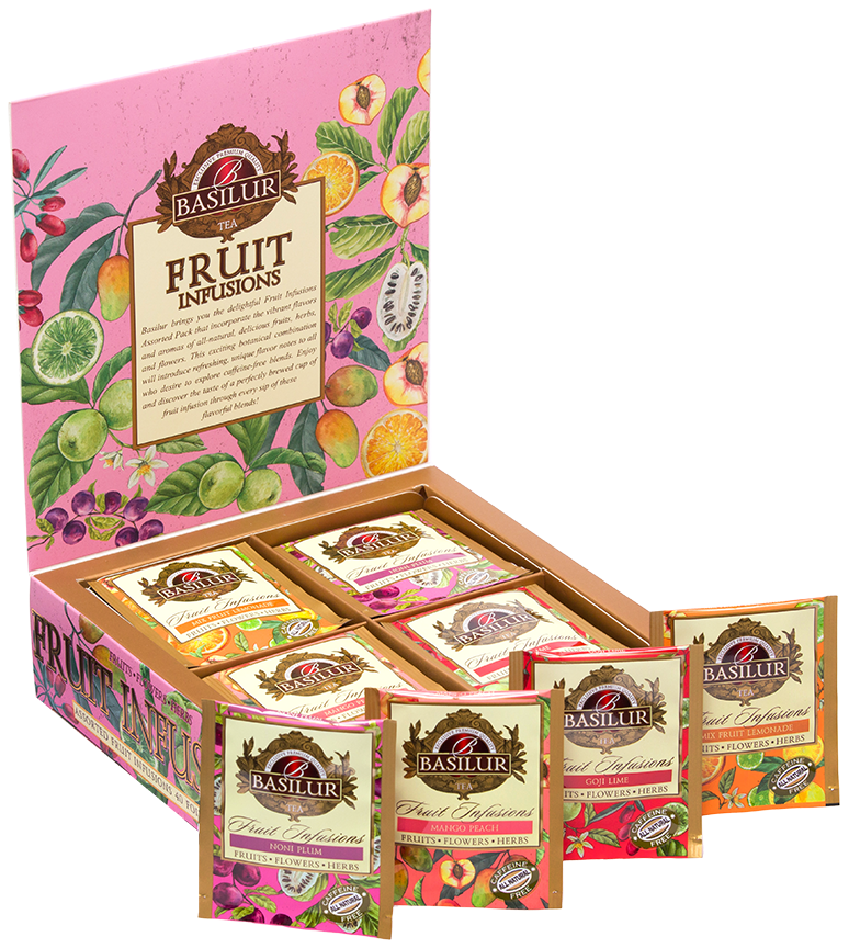 Zestaw Basilur Fruit Infusions vol. II z czterema rodzajami herbat owocowych w różowym pudełku.