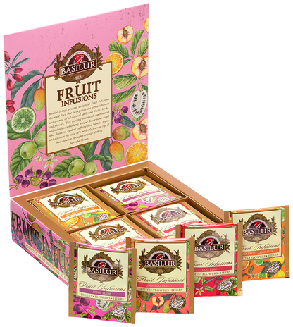 Zestaw Basilur Fruit Infusions vol. II z czterema rodzajami herbat owocowych w różowym pudełku.