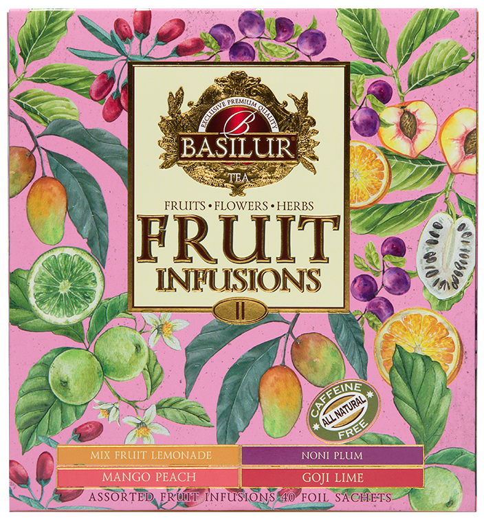 Przód pudełka Basilur Fruit Infusions vol. II z nazwami smaków.