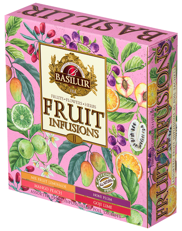 Kolorowe pudełko Basilur Fruit Infusions vol. II widoczne z boku z logo marki Basilur.