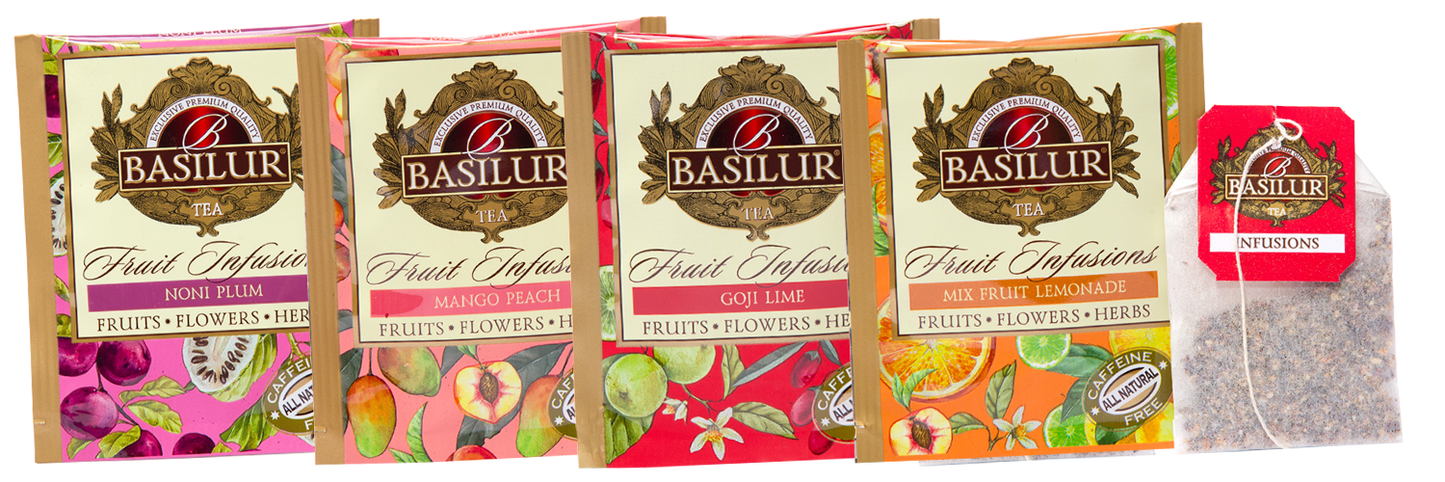 Koperty herbat Basilur Fruit Infusions w smakach Noni Plum, Mango Peach, Goji Lime i Mix Fruit Lemonade.