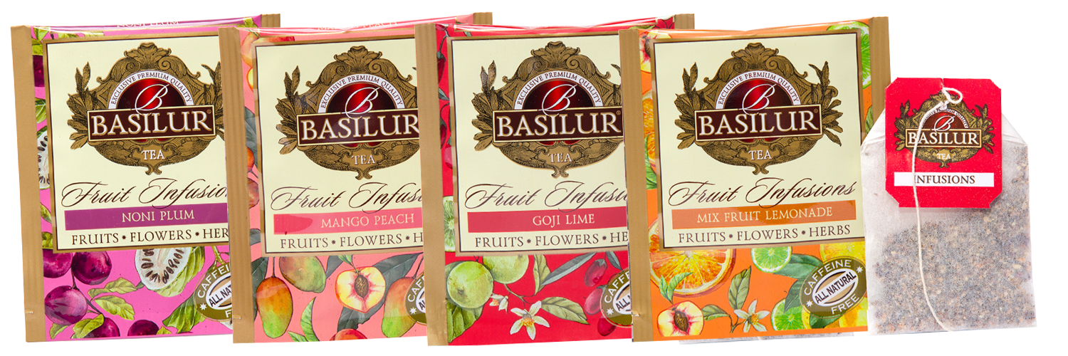 Koperty herbat Basilur Fruit Infusions w smakach Noni Plum, Mango Peach, Goji Lime i Mix Fruit Lemonade.