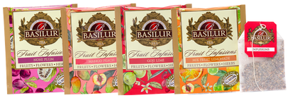 Koperty herbat Basilur Fruit Infusions w smakach Noni Plum, Mango Peach, Goji Lime i Mix Fruit Lemonade.