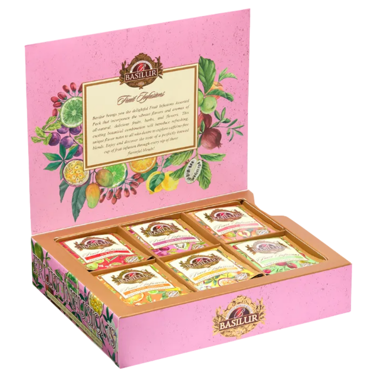 Otwarty zestaw herbat Basilur Fruit Infusions vol. II z owocowymi naparami w kopertach.