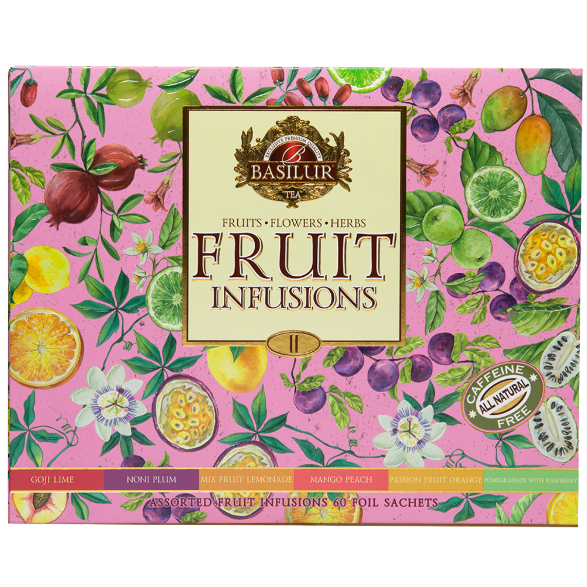 Przód pudełka Basilur Fruit Infusions vol. II z nazwami smaków.