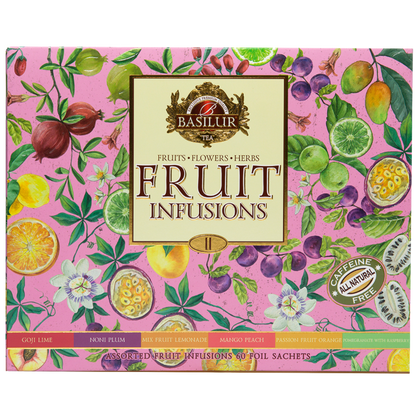 Przód pudełka Basilur Fruit Infusions vol. II z nazwami smaków.