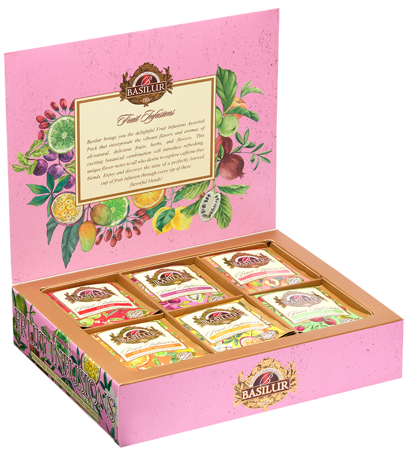 Otwarty zestaw herbat Basilur Fruit Infusions vol. II z owocowymi naparami w kopertach.